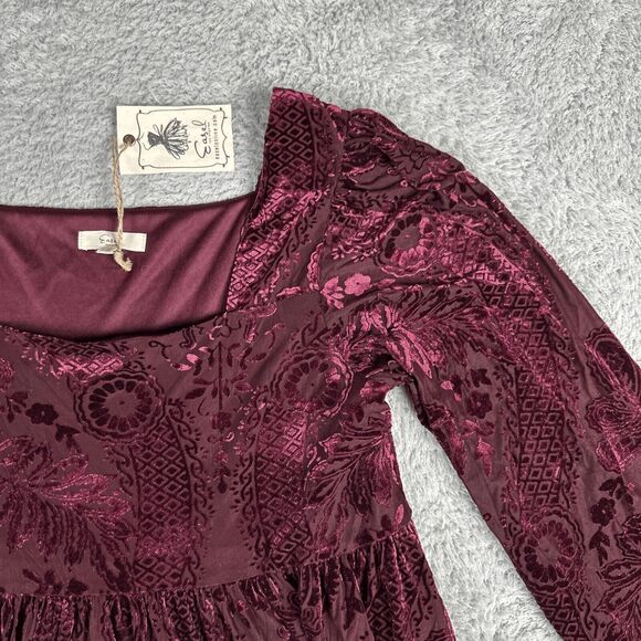 Easel Women's Witchy Romantic Velvet Burnout Empire Dress S Maroon Dark - Picture 11 of 16